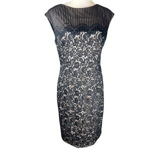 Maggy London Sheath Dress 12 Black Nude Floral Lace Illusion Mesh Cocktail